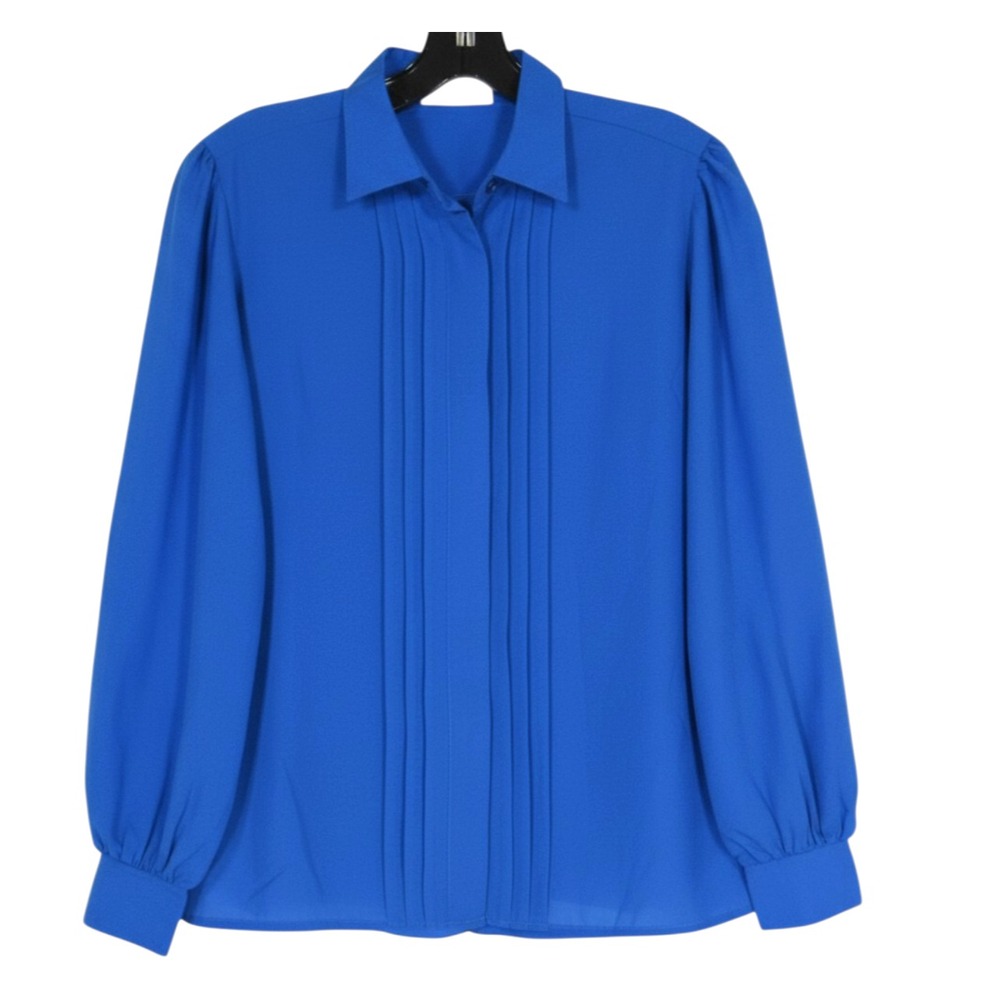 VTG CARRIAGE COURT Blue SATIN Button-Up PLEATED FRONT Career BLOUSE/TOP Sz S